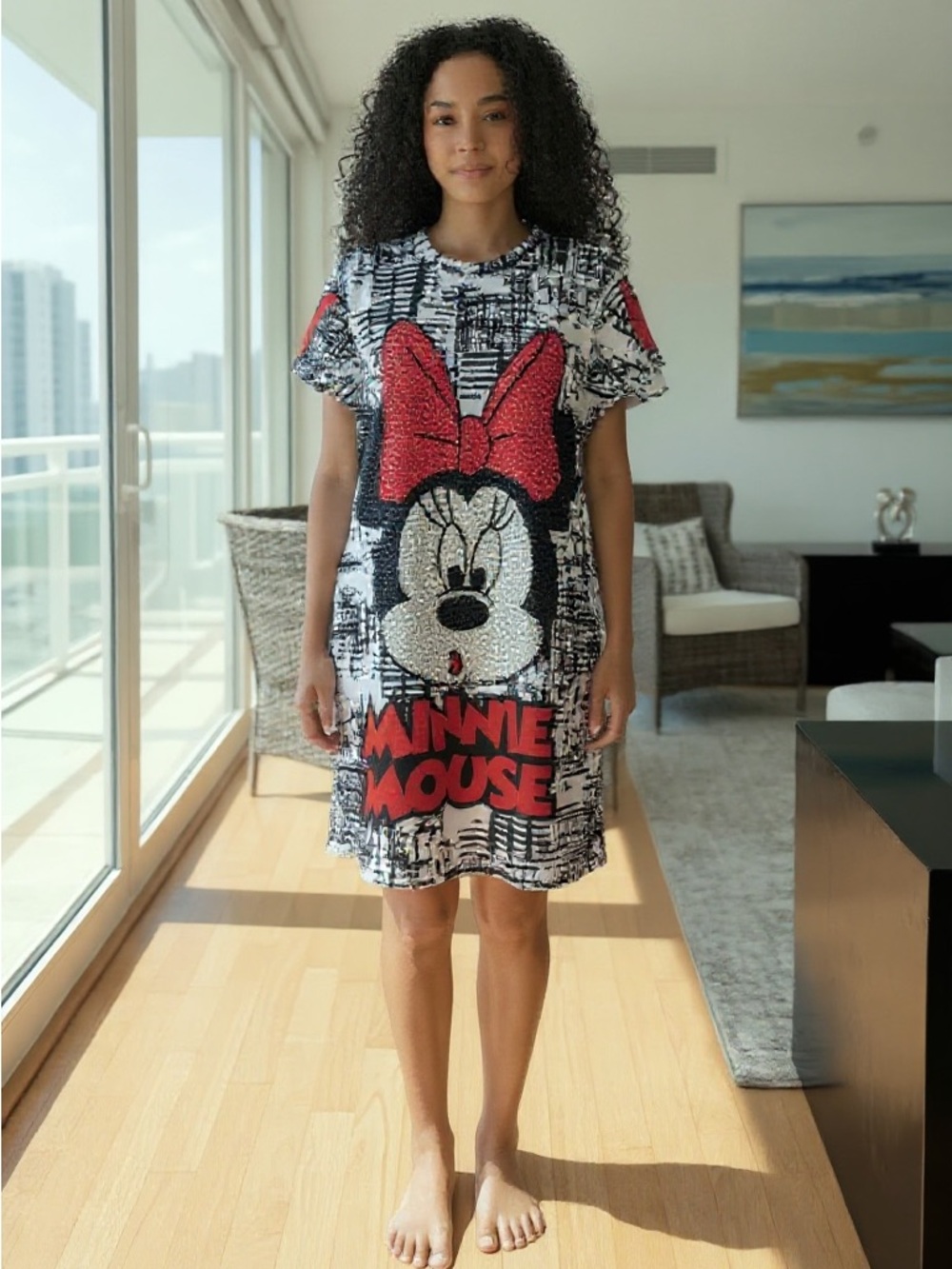 Minnie Mouse Graphic Tee Dress with Red Bow